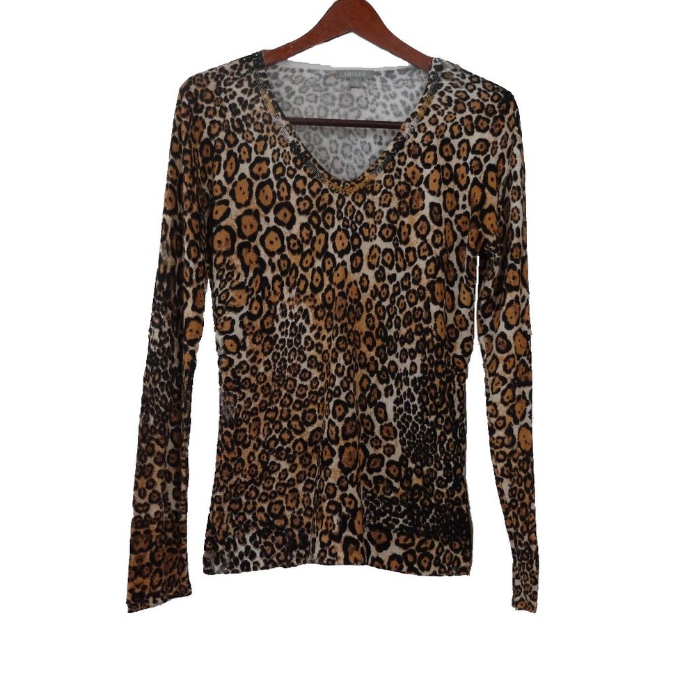 LouLou Animal Print Cheetah Lightweight Sweater Beaded on Neck Size Large